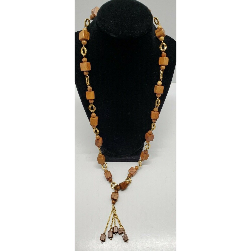 Vintage Wooden Beaded Necklace Wood Cube & Beads Gold Accents Retro Funky Boho